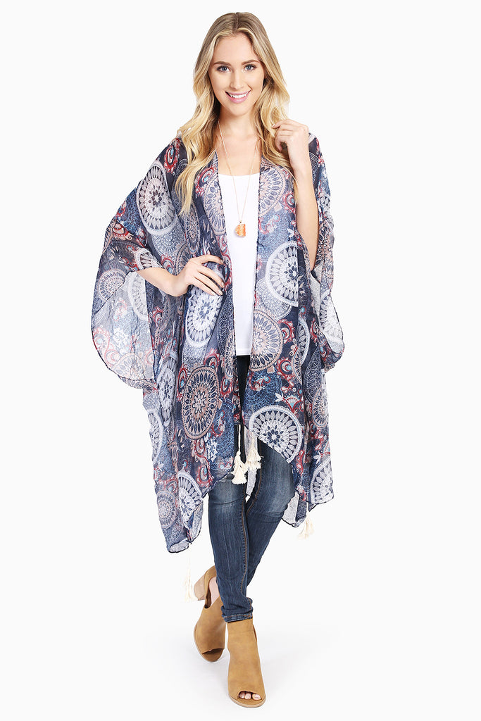FLORAL PRINT POM-POM TASSEL SHEER CARDIGAN