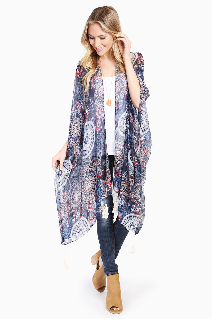 FLORAL PRINT POM-POM TASSEL SHEER CARDIGAN