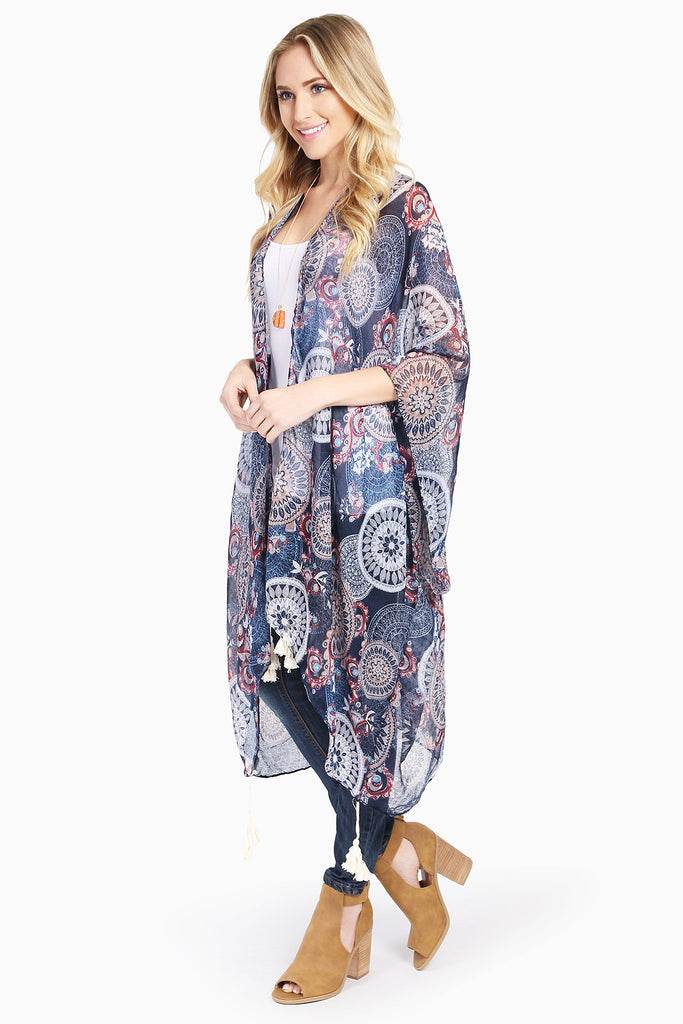 FLORAL PRINT POM-POM TASSEL SHEER CARDIGAN