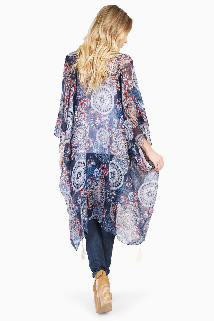 FLORAL PRINT POM-POM TASSEL SHEER CARDIGAN