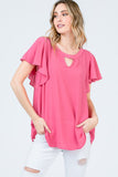 Short-Sleeve Crepe Top with Keyholes and Tiered Flowy Sleeves