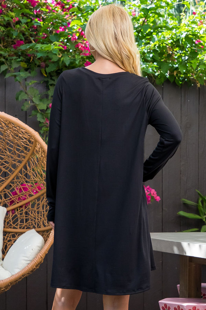 Solid V-Neck Long Sleeve Tunic Dress