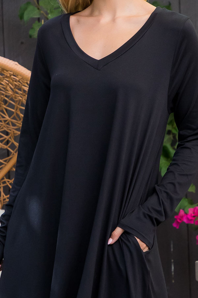 Solid V-Neck Long Sleeve Tunic Dress