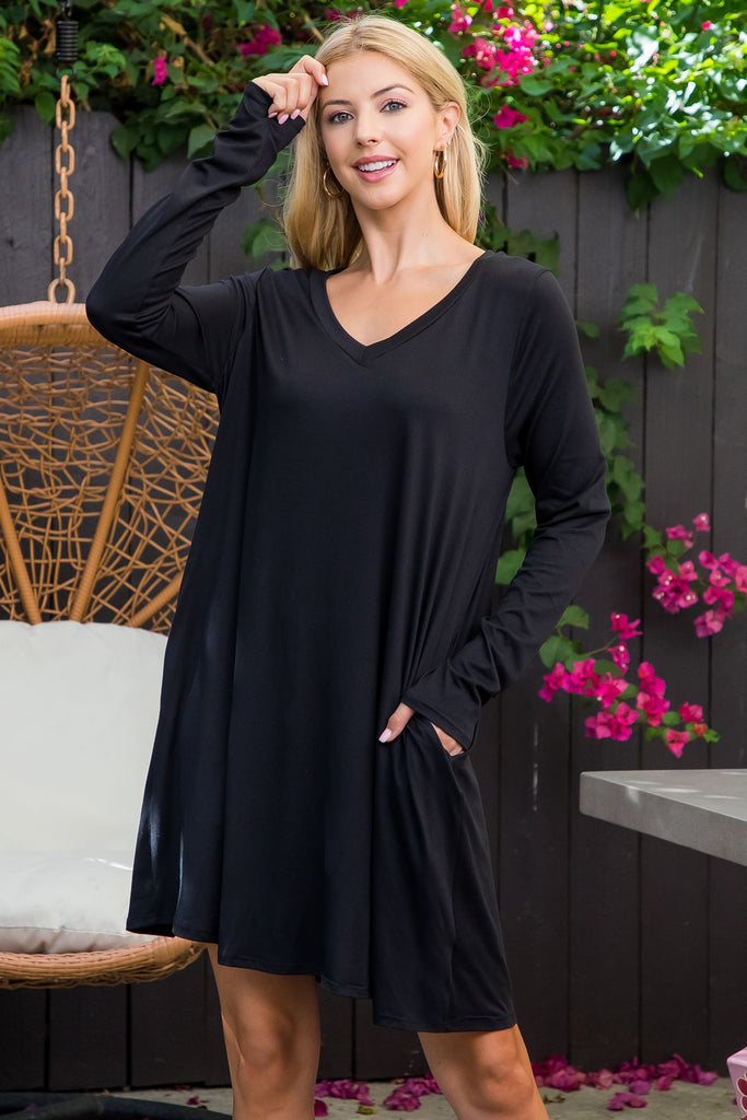 Solid V-Neck Long Sleeve Tunic Dress