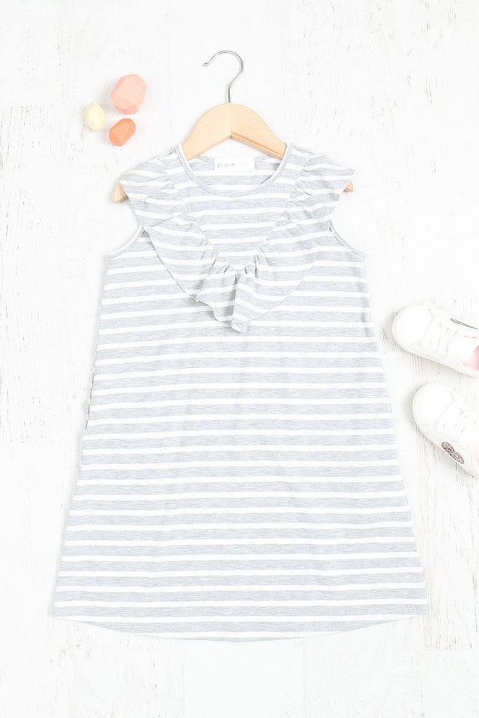 Kids V-Shape Ruffle Detail Stripes Sleeveless Dress