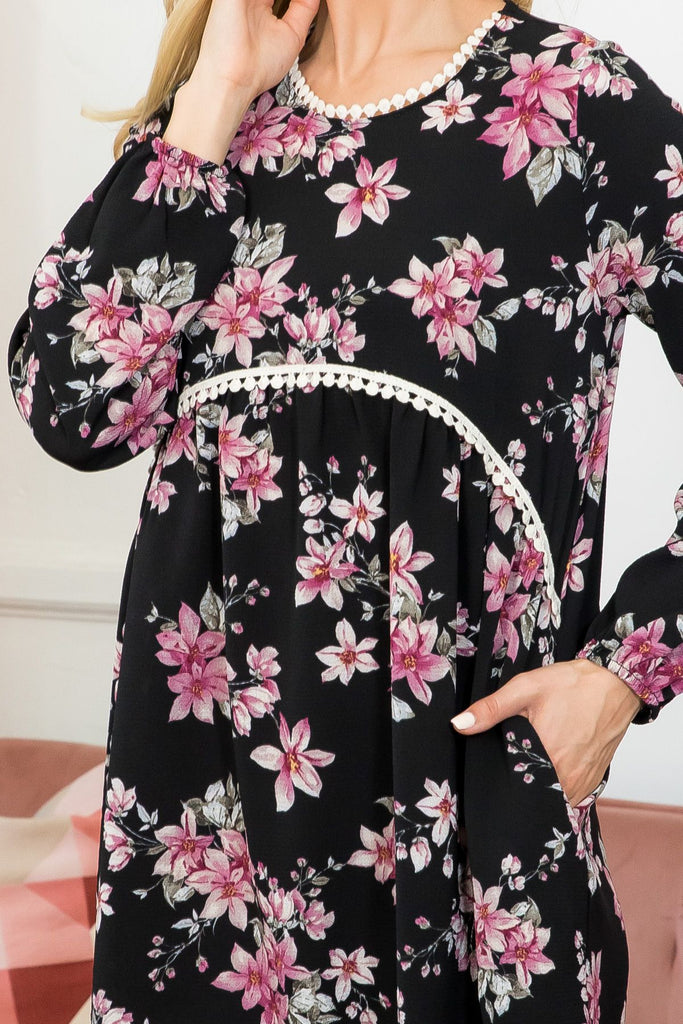 Ribbon Detail  Neck Line Long Sleeve Floral Top
