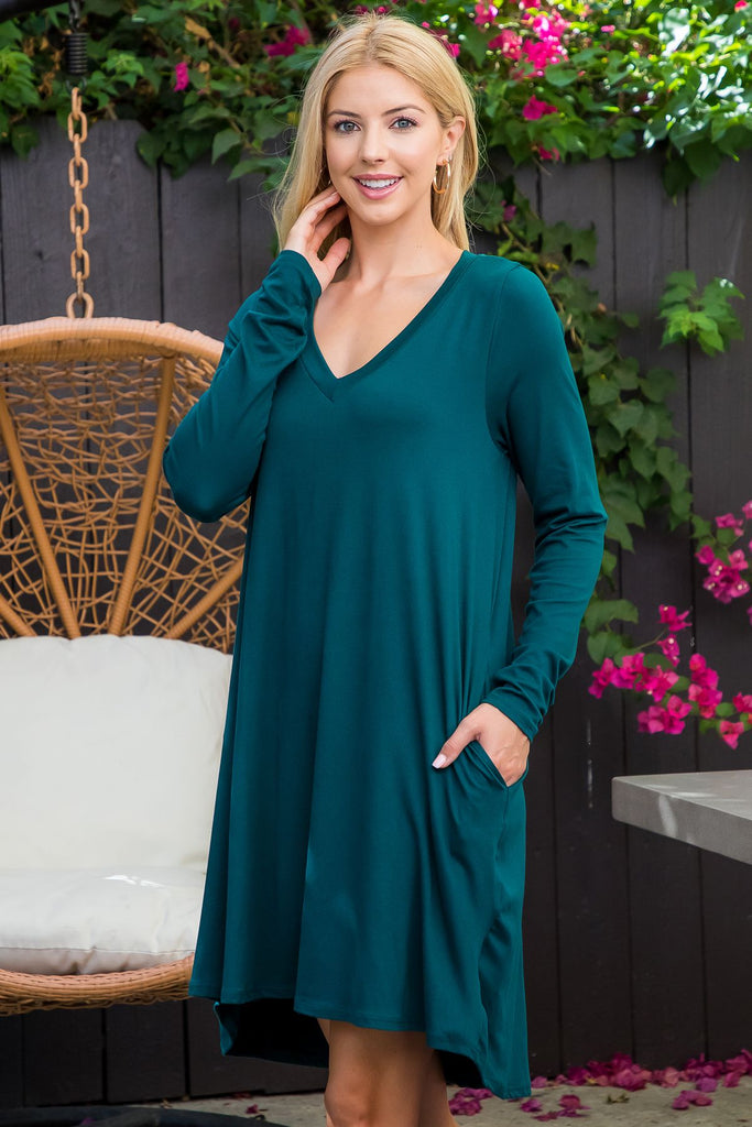 Solid V-Neck Long Sleeve Tunic Dress
