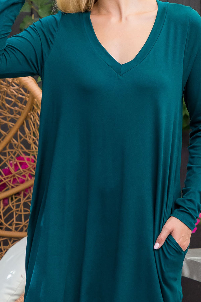 Solid V-Neck Long Sleeve Tunic Dress