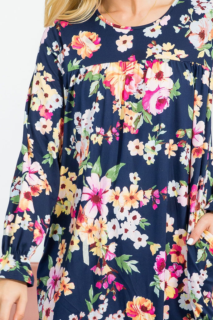 Long Sleeve Ruffle Floral Pleated Dress