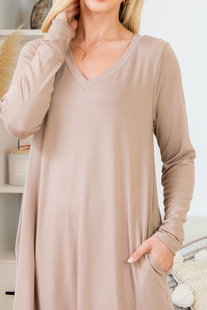 Solid V-Neck Long Sleeve Tunic Dress