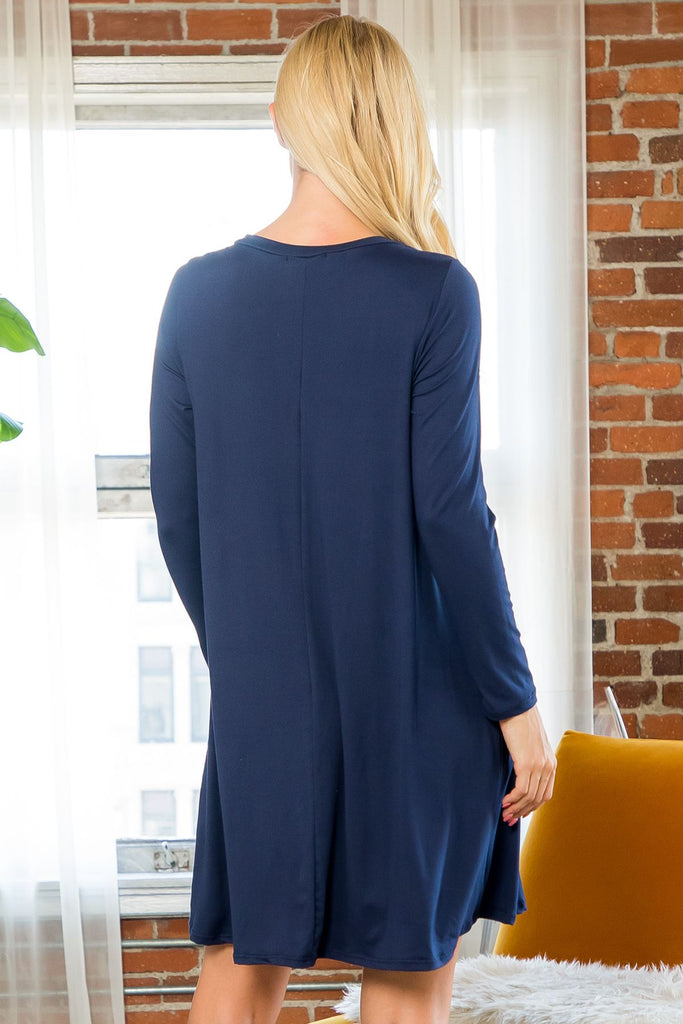 Solid V-Neck Long Sleeve Tunic Dress