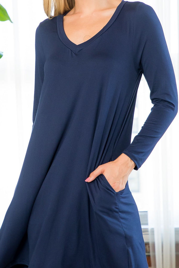 Solid V-Neck Long Sleeve Tunic Dress