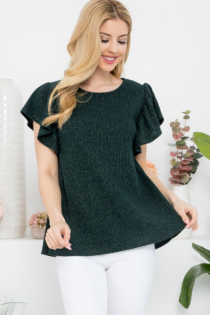 Ruffle Short Sleeve Glitter Textured Top
