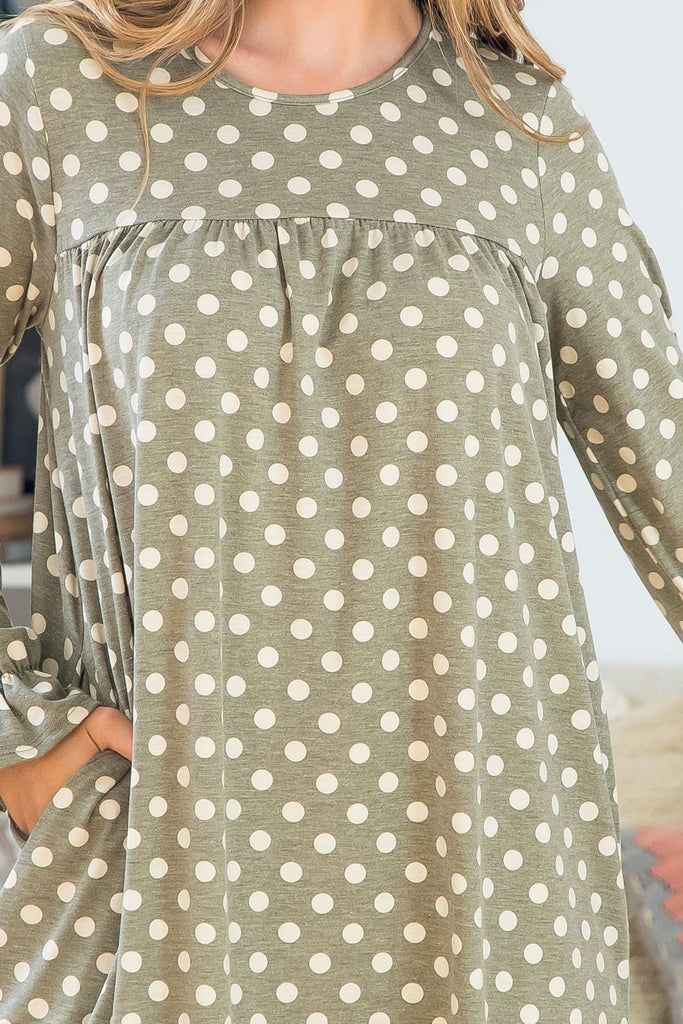 Ruffle Long Sleeve Polka Dot Shirring Detail Dres