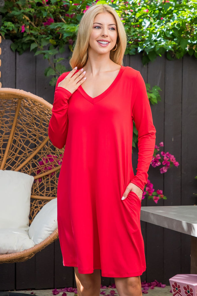 Solid V-Neck Long Sleeve Tunic Dress