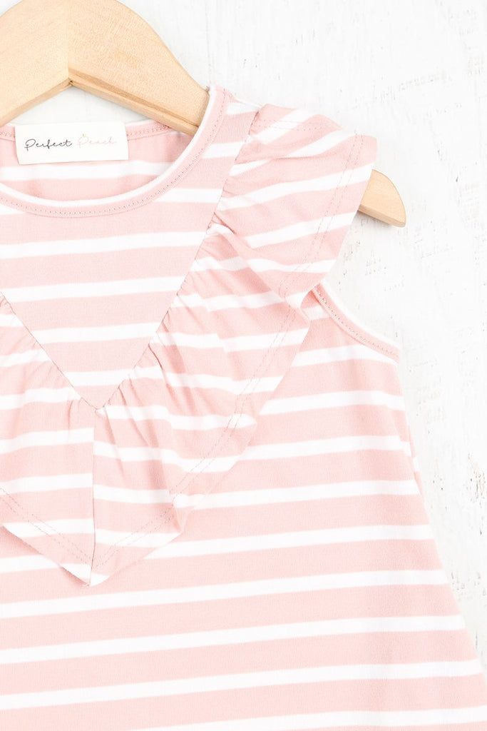 Kids V-Shape Ruffle Detail Stripes Sleeveless Dress